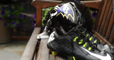 Ravens cleats and helmet