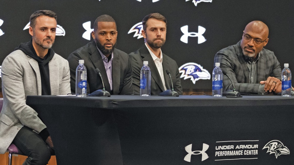 Jesse Minter introducing coordinators Anthony Levine, Declan Doyle and Anthony Weaver
